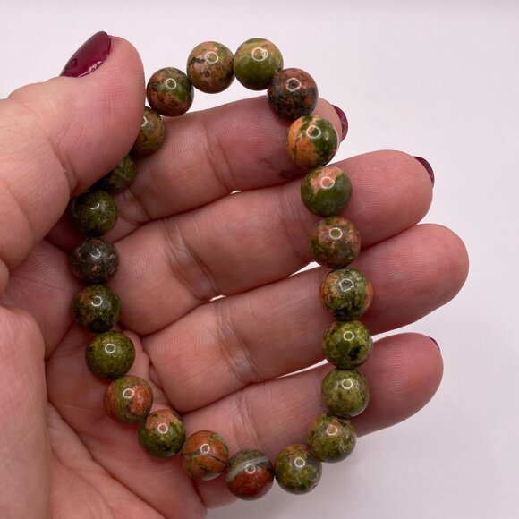 Handmade Carved Jade Beaded Necklace w/ Matching Unakite Bracelet, #403 - Picture 9 of 13